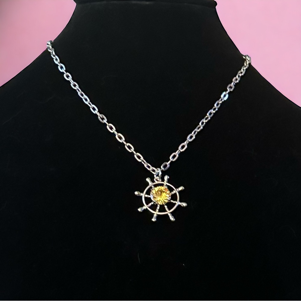 Rhinestone ships wheel pendant necklace